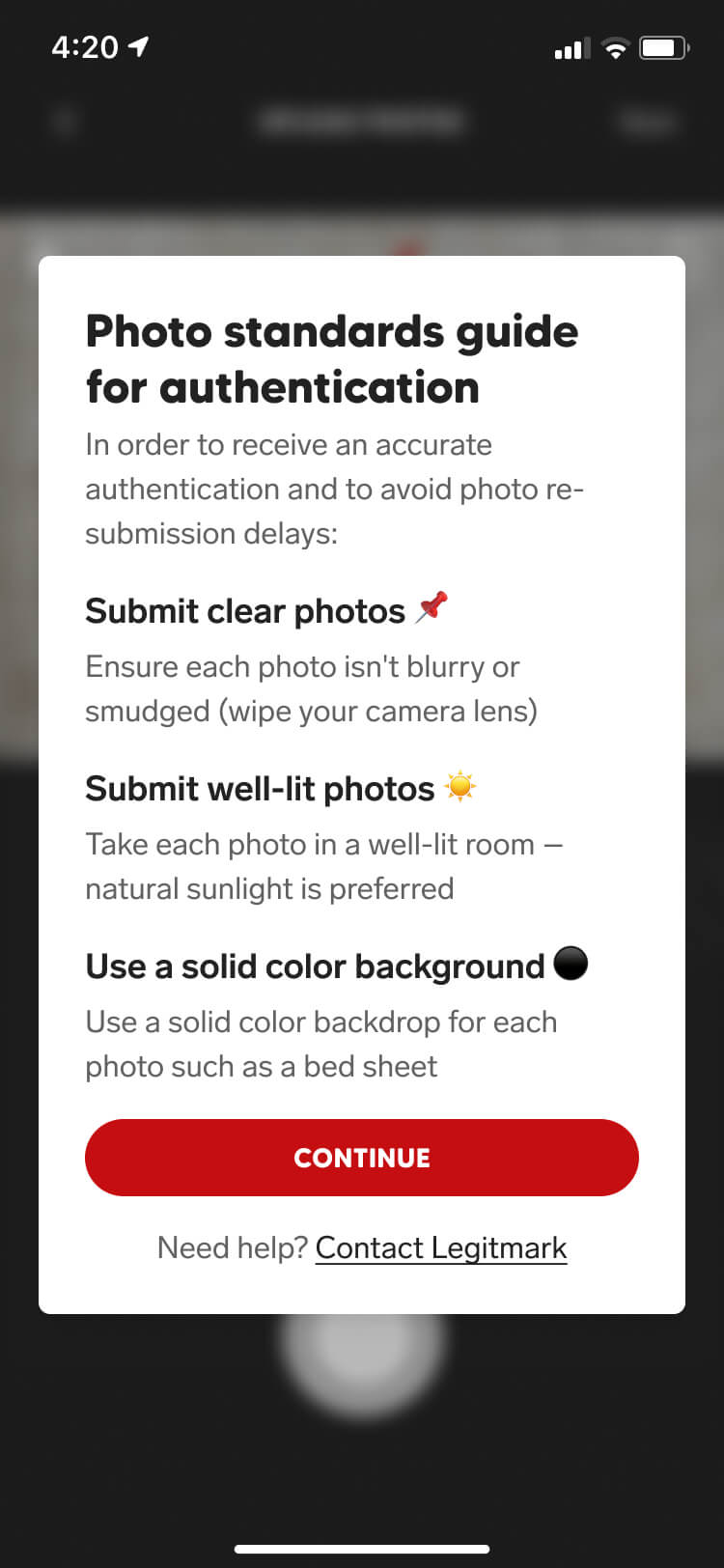 Screenshot from the Collect authentication feature of the photo guidelines modal