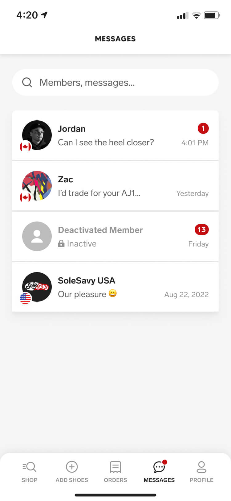 Screenshot from the Collect in-app messenger feature of the messages screen