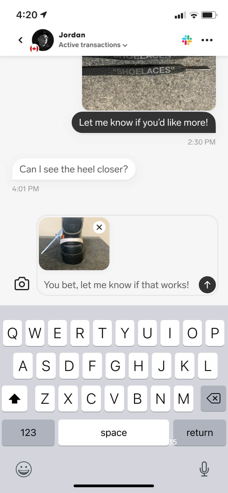 Screenshot from the Collect in-app messenger feature of a message detail screen with the user writing a message and uploading an image