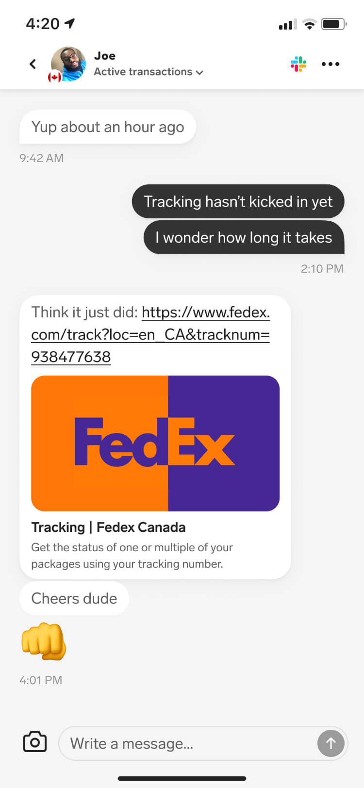Screenshot from the Collect in-app messenger feature of a message detail screen with an active conversation