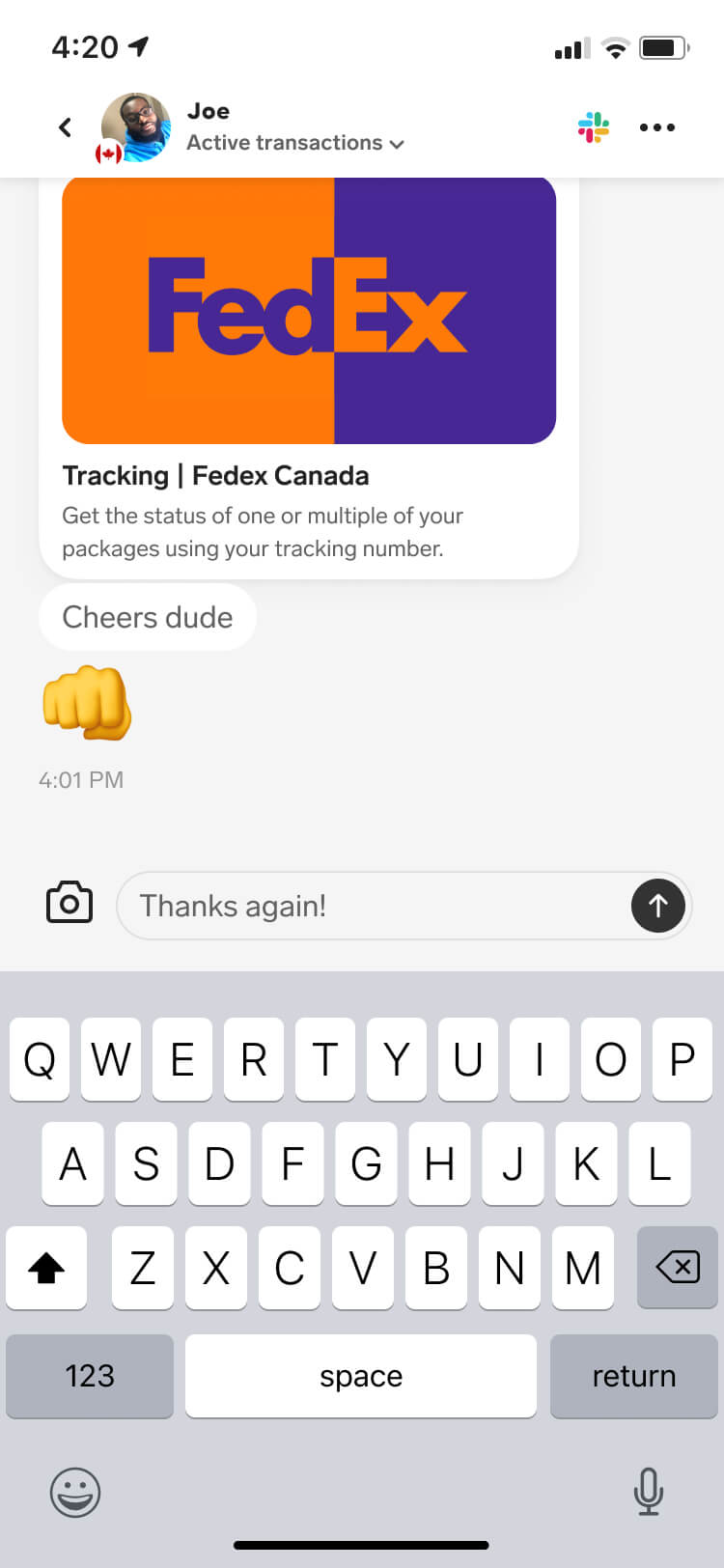 Screenshot from the Collect in-app messenger feature of a message detail screen with the user writing a message