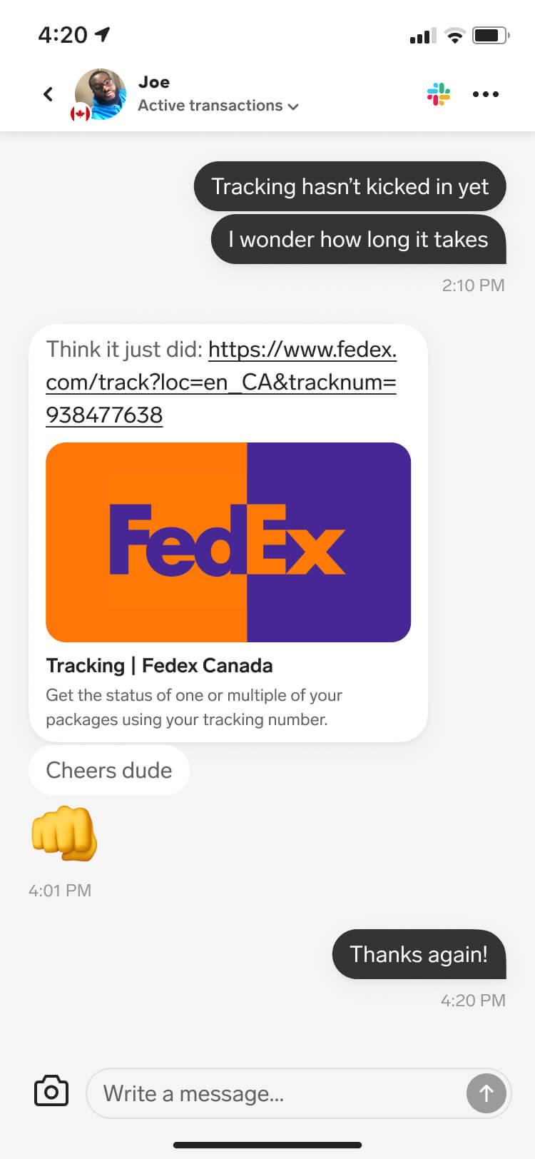 Screenshot from the Collect in-app messenger feature of a message detail screen showing the message now sent