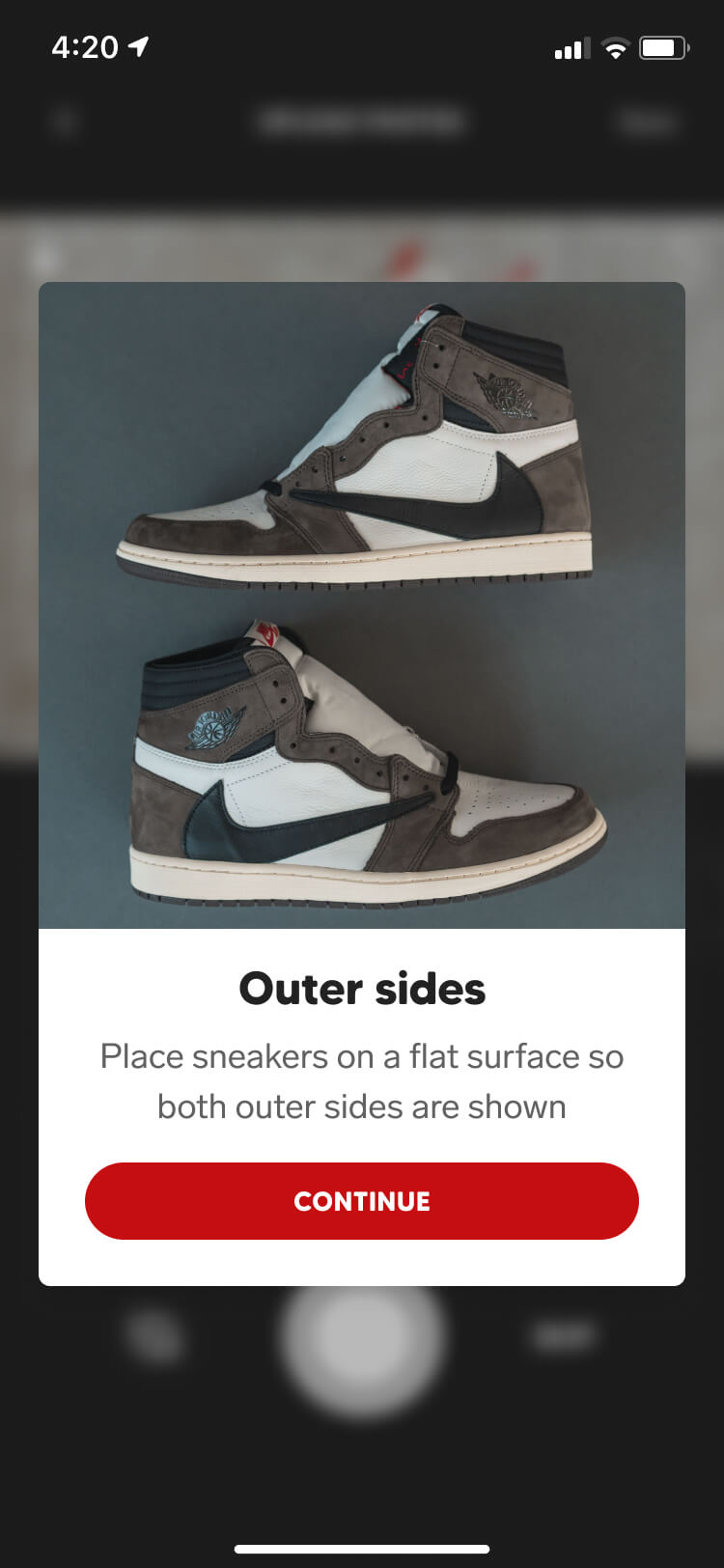 Screenshot from the Collect authentication feature of the sneaker outer sides help modal
