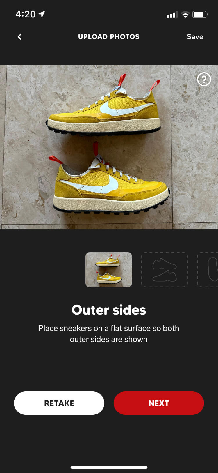 Screenshot from the Collect authentication feature of the sneaker outer sides confirmation screen