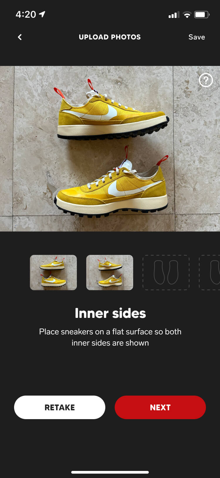 Screenshot from the Collect authentication feature of the sneaker inner sides confirmation screen