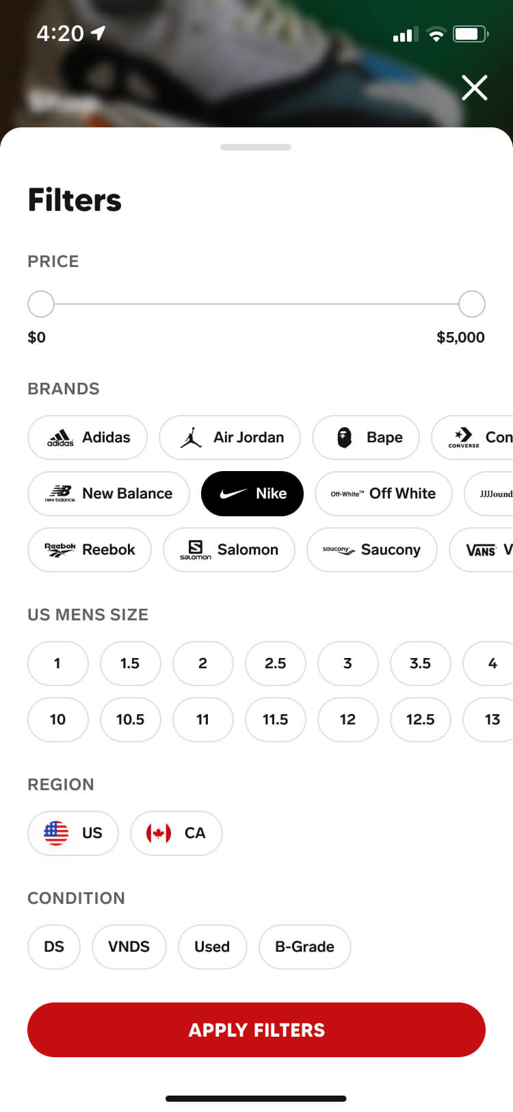Screenshot from the Collect app of the filter drawer