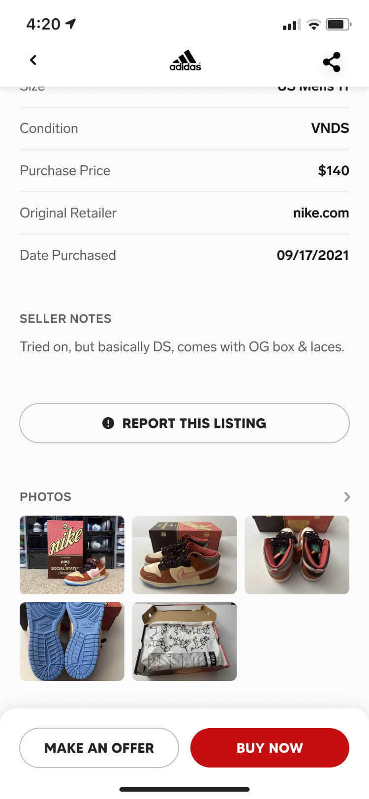 Screenshot from the Collect app of the product detail screen scrolled down to the photos