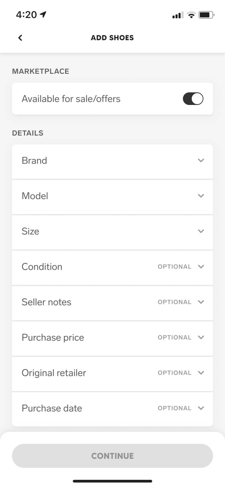 Screenshot from the Collect app of the add shoes screen