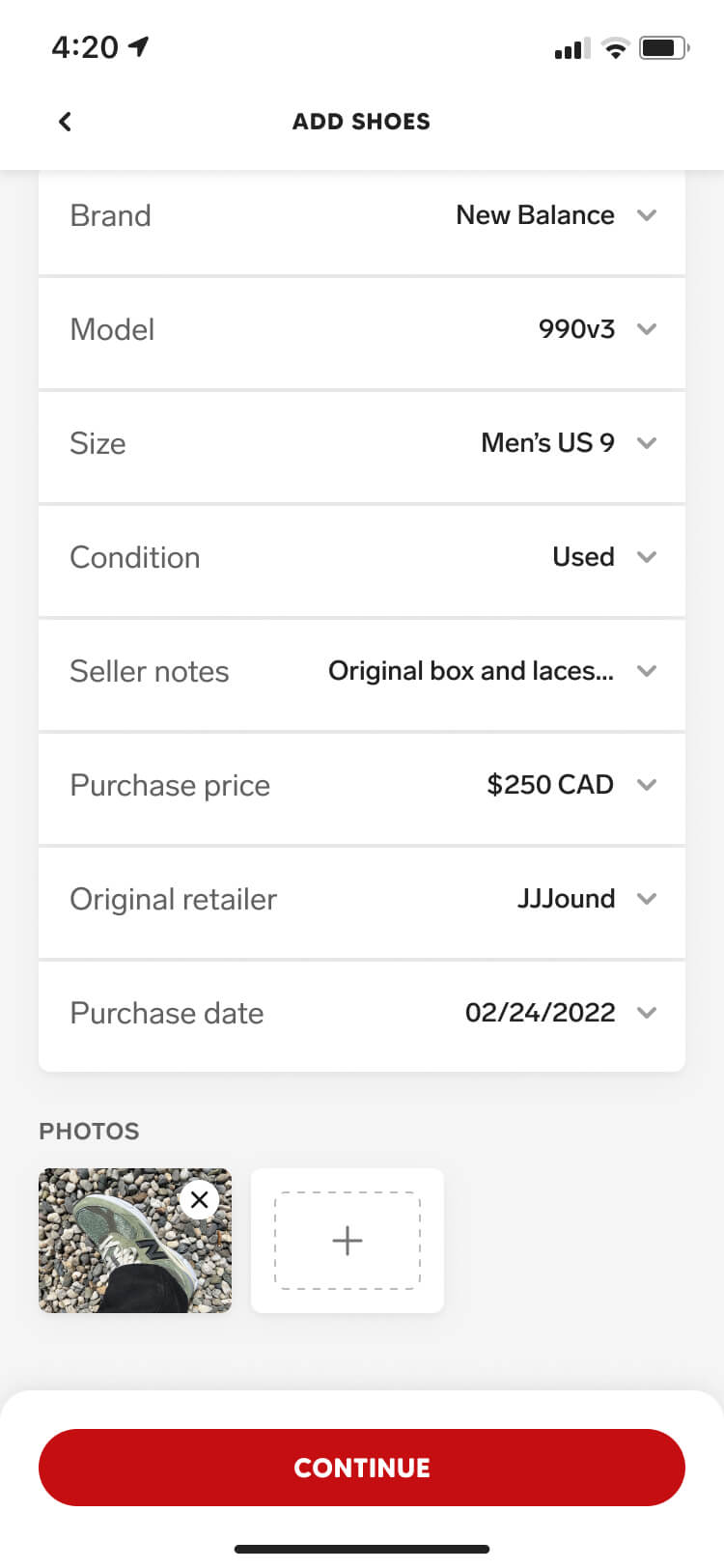 Screenshot from the Collect app of the add shoes screen scrolled down to the photos section
