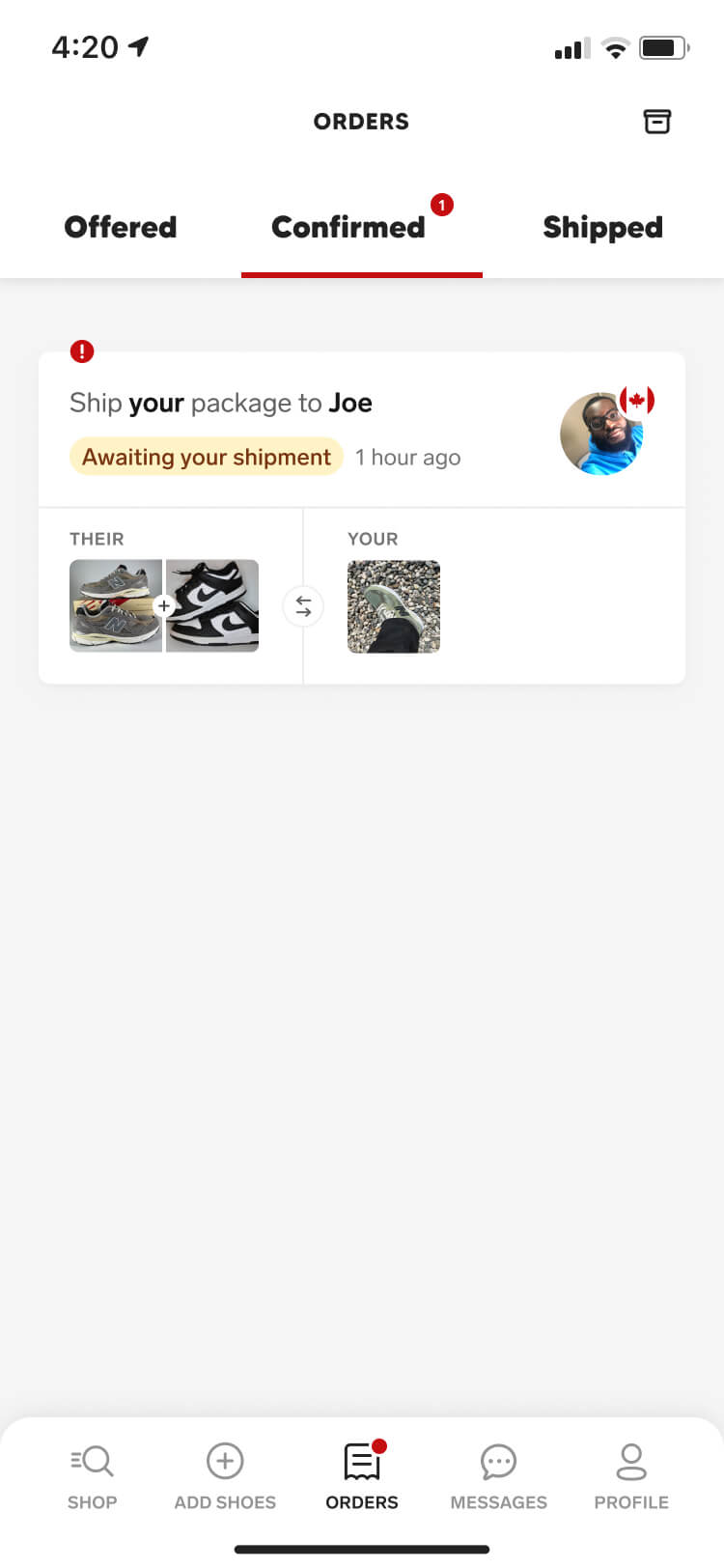 Screenshot from the Collect app of the orders screen with a package ready to ship
