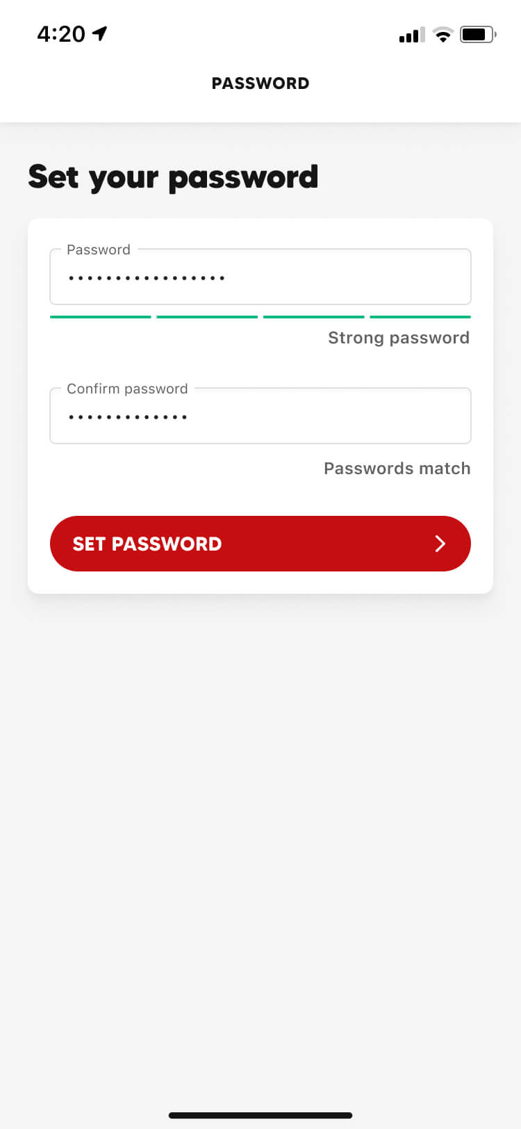Screenshot from the Collect app sign up flow of the set password screen