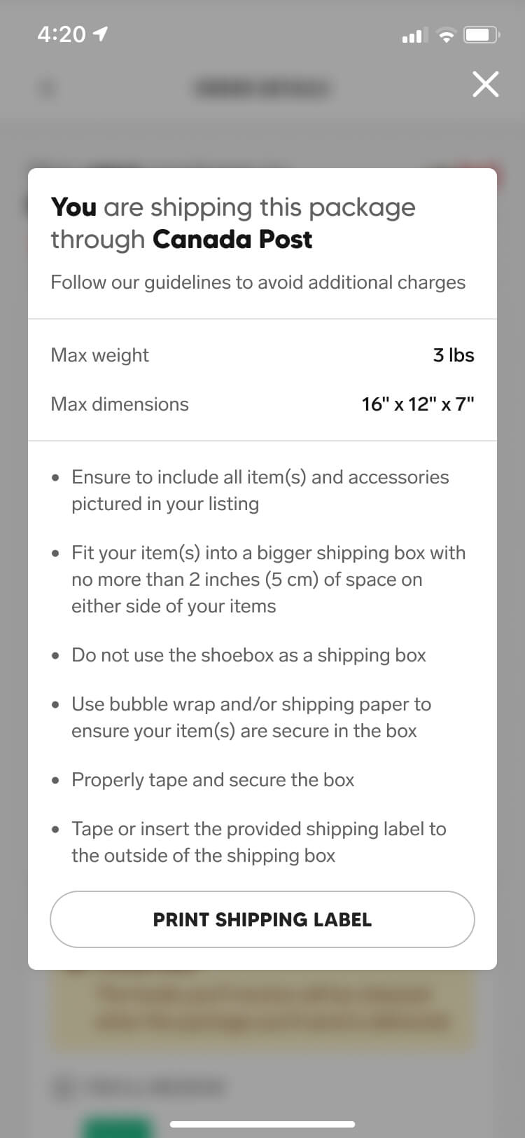 Screenshot from the Collect app of the packing instructions modal