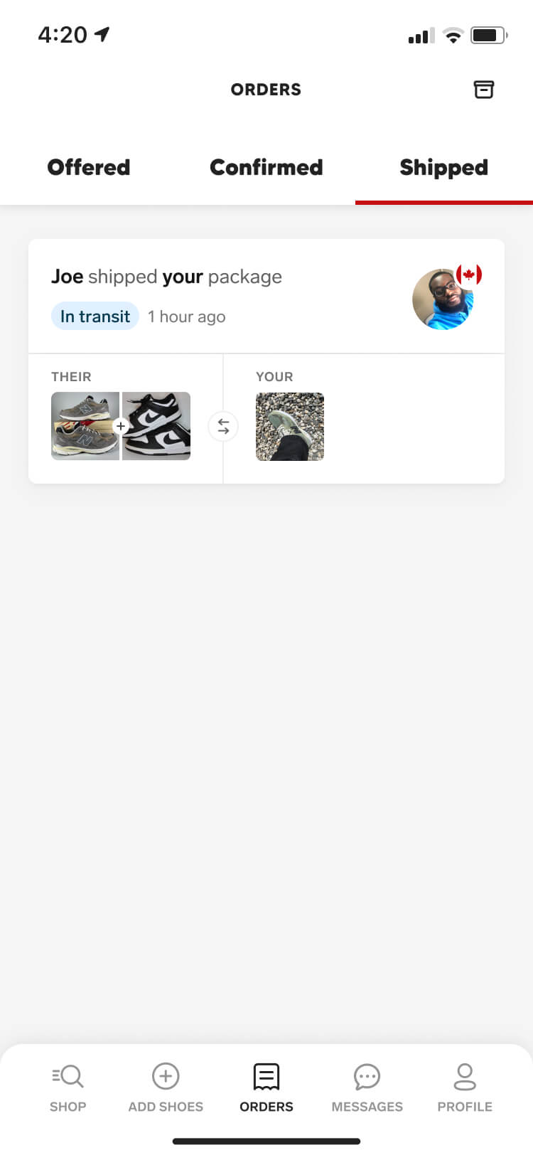 Screenshot from the Collect app showing the order detail screen with an in-transit package