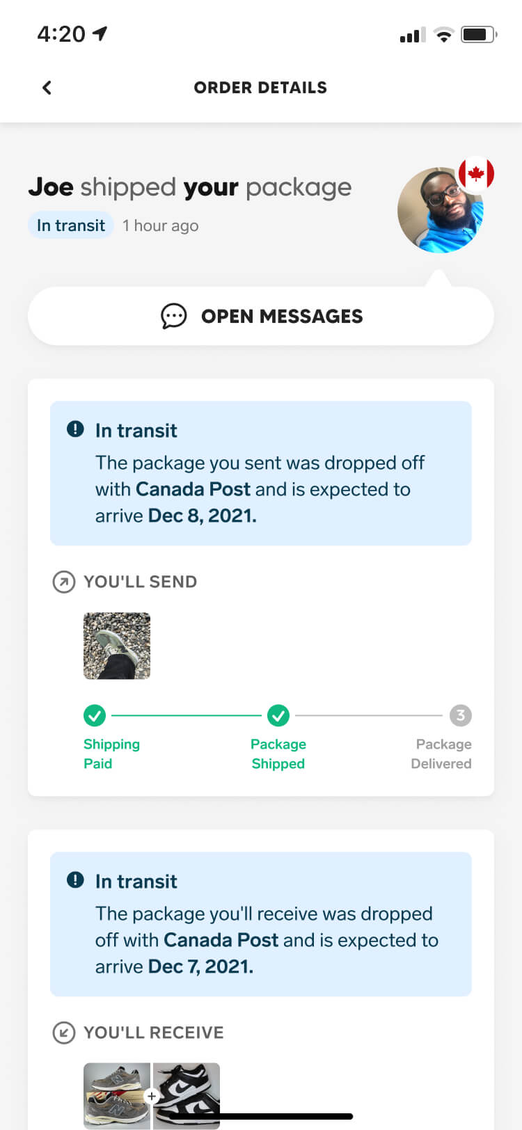 Screenshot from the Collect app showing the orders screen with a delivered package