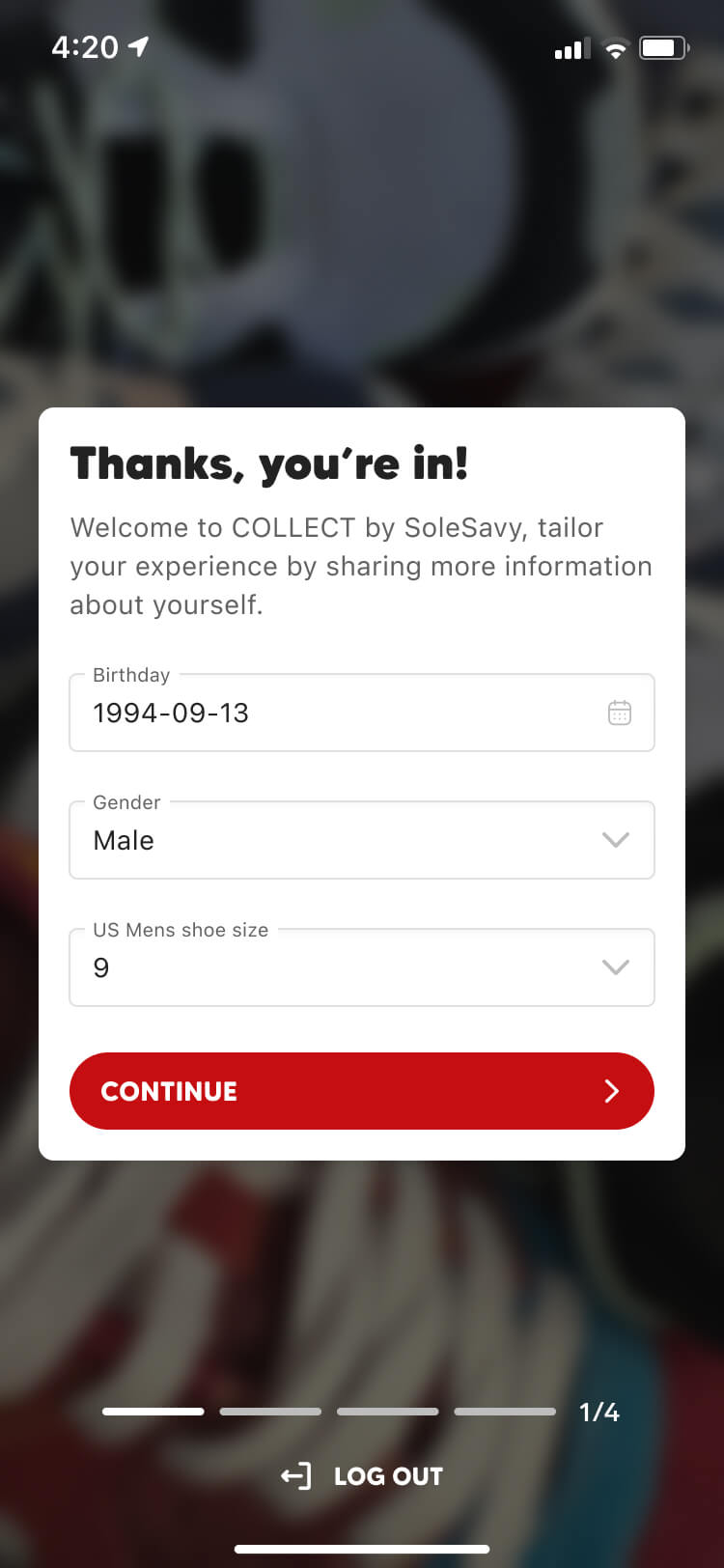 Screenshot from the Collect app sign up flow of the you're in screen
