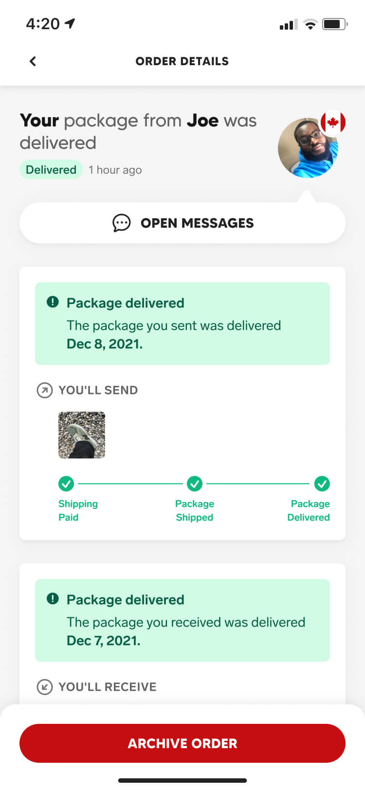 Screenshot from the Collect app showing the orders screen when the package I was supposed to receive was lost