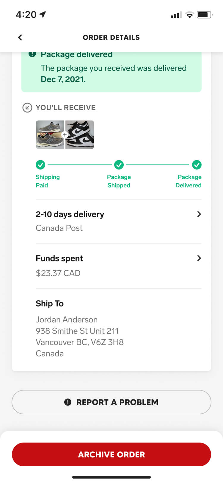 Screenshot from the Collect app showing the order detail screen when the package I was supposed to receive was lost