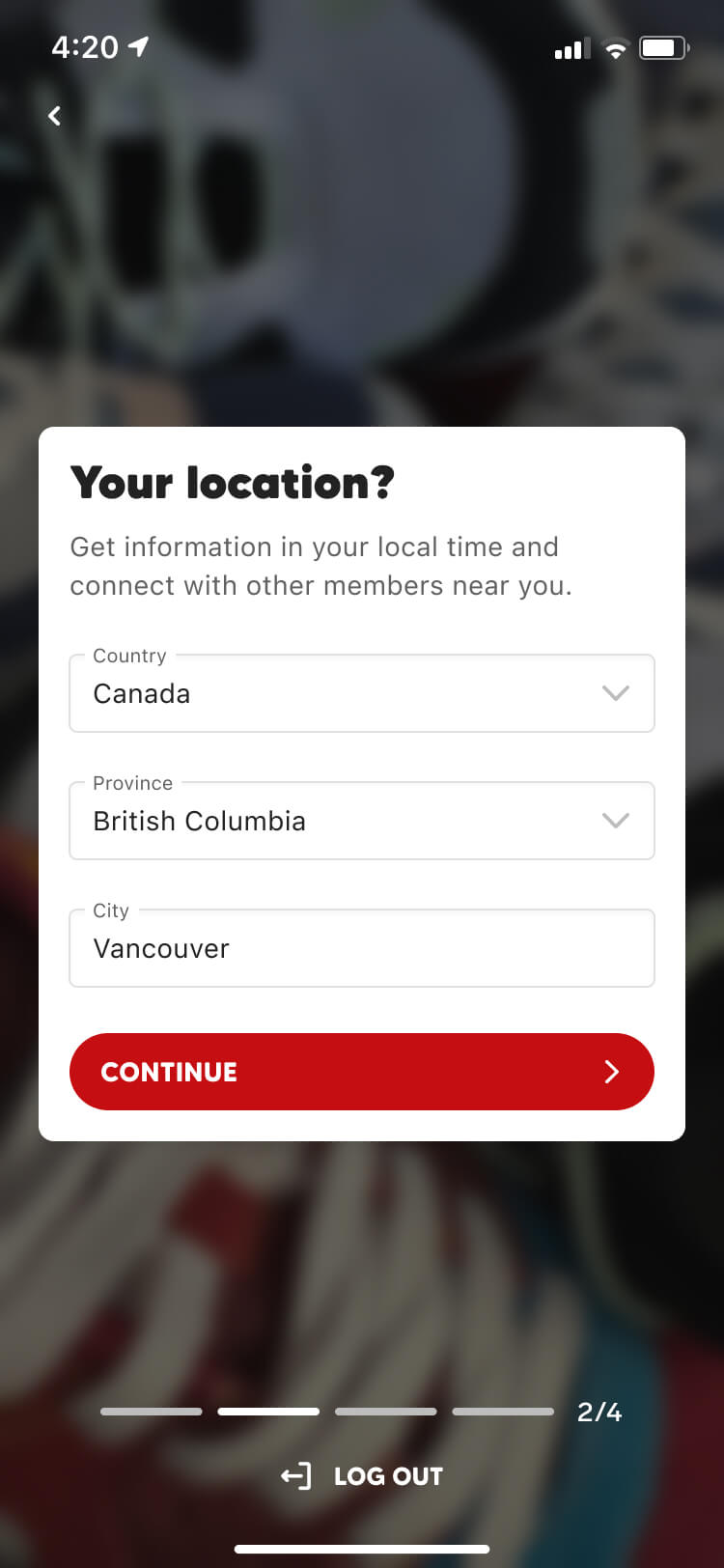 Screenshot from the Collect app sign up flow of the your location screen