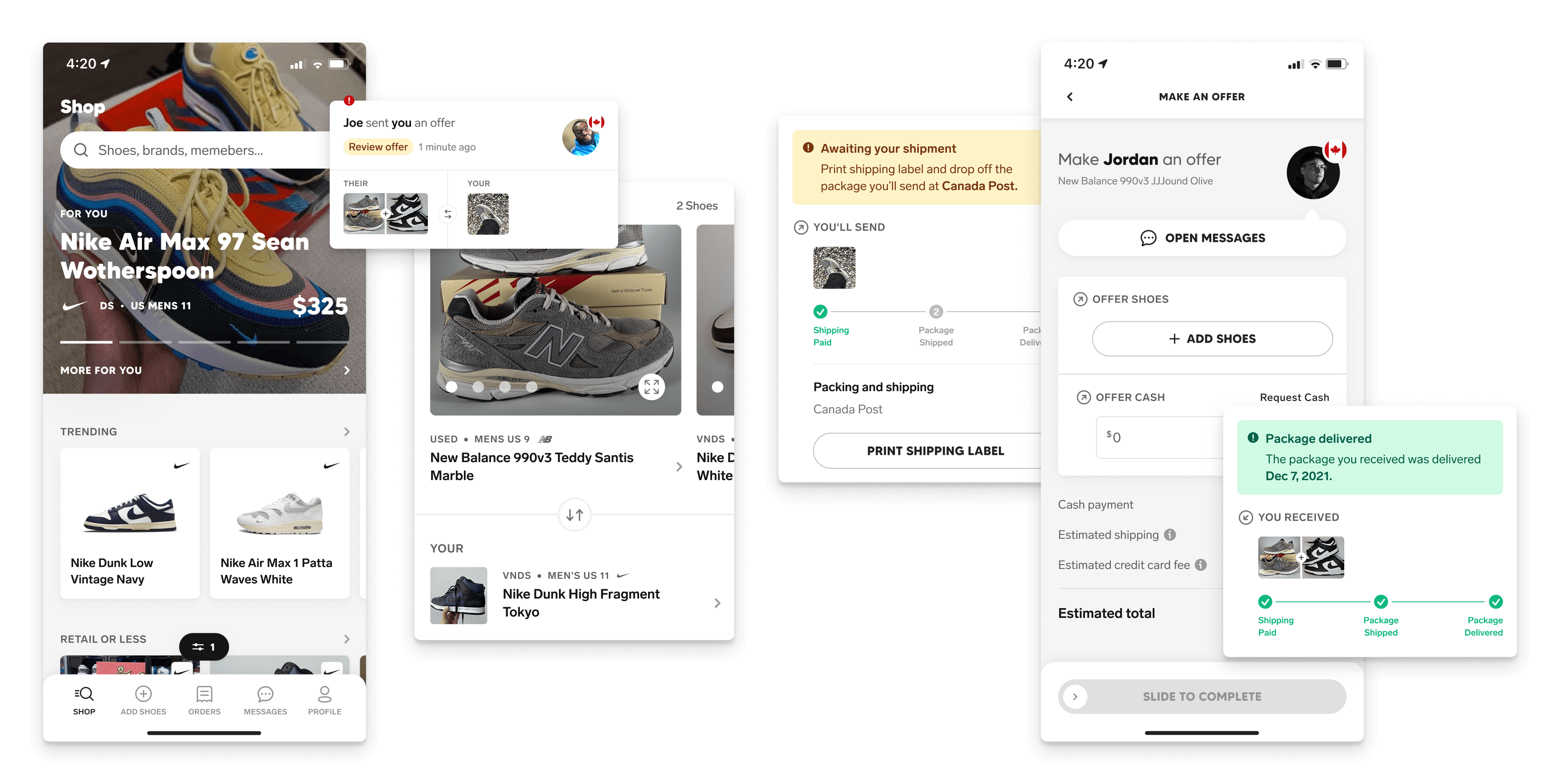 A collage of two full-screen app screenshots as well as small highlight screenshots from various aspects of the user interface. The first full-screen screenshot is of the shop screen. The second full-screen screenshot is of a customer conversation on the messages screen. The other interface highlights include an offer card as well as package status cards at various stages of the shipment process.