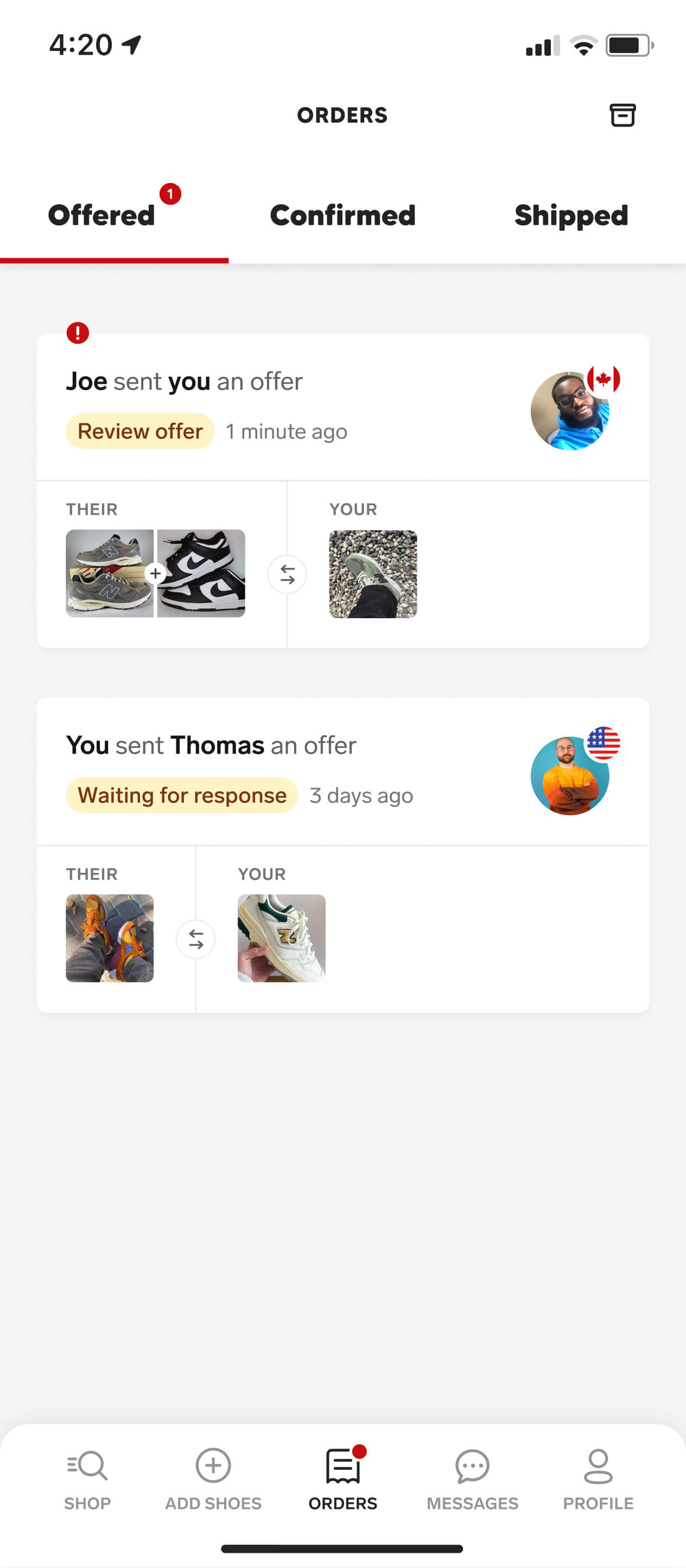 A screenshot from the Collect mobile app showing the orders screen design