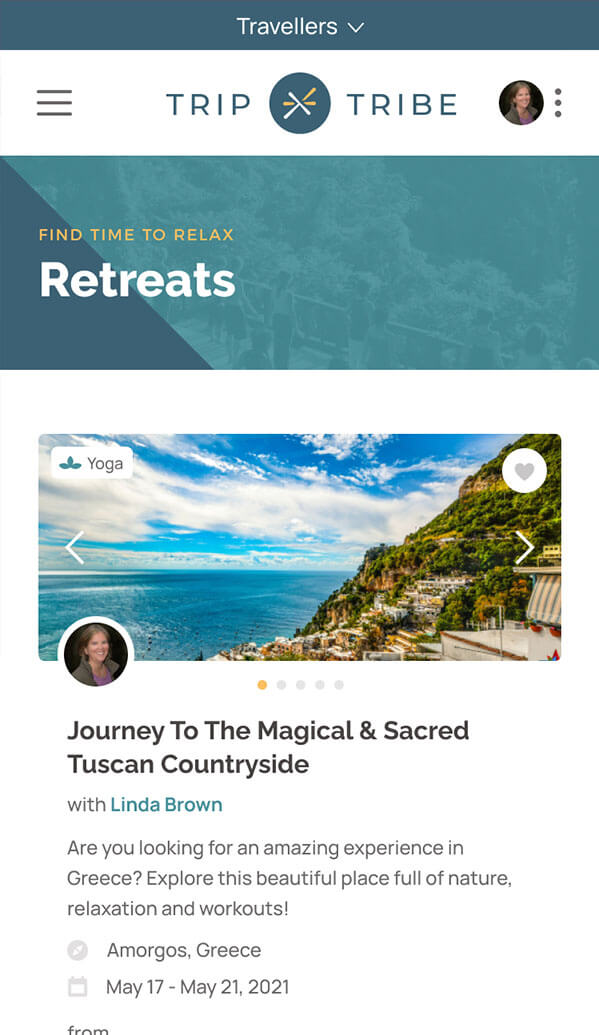 Responsive mobile screenshot of the Trip Tribe web application 