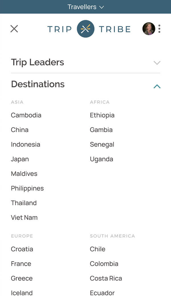 Responsive mobile screenshot of the Trip Tribe web application 