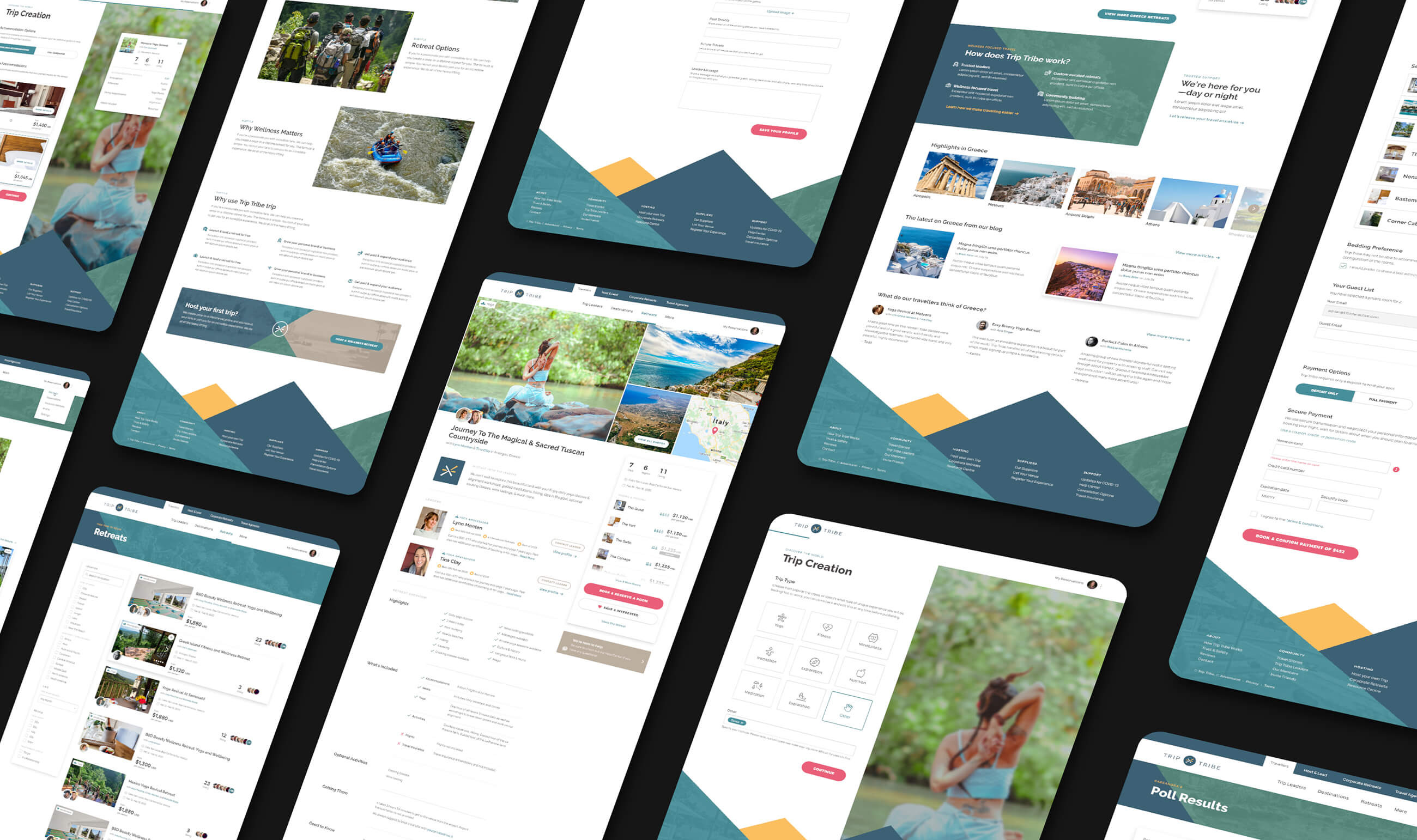 Grid of screenshots from various pages of the Trip Tribe web application