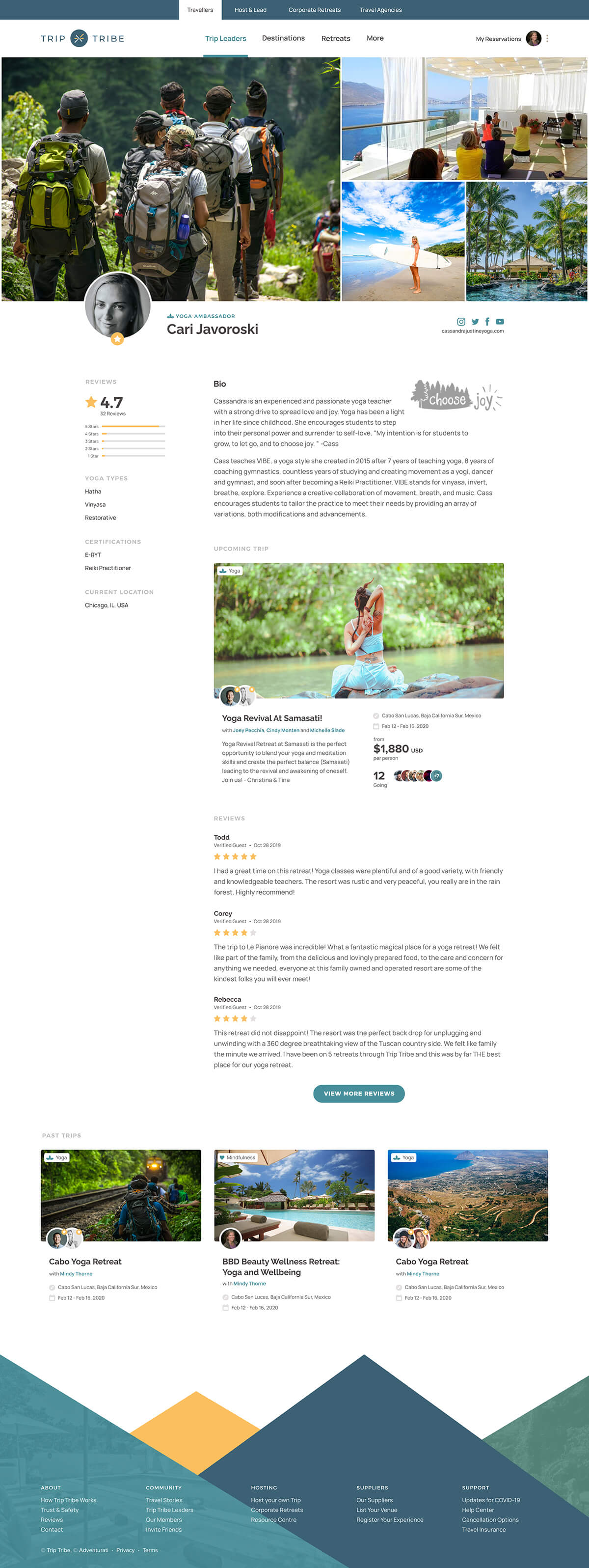 Responsive desktop screenshot of the Trip Tribe web application 