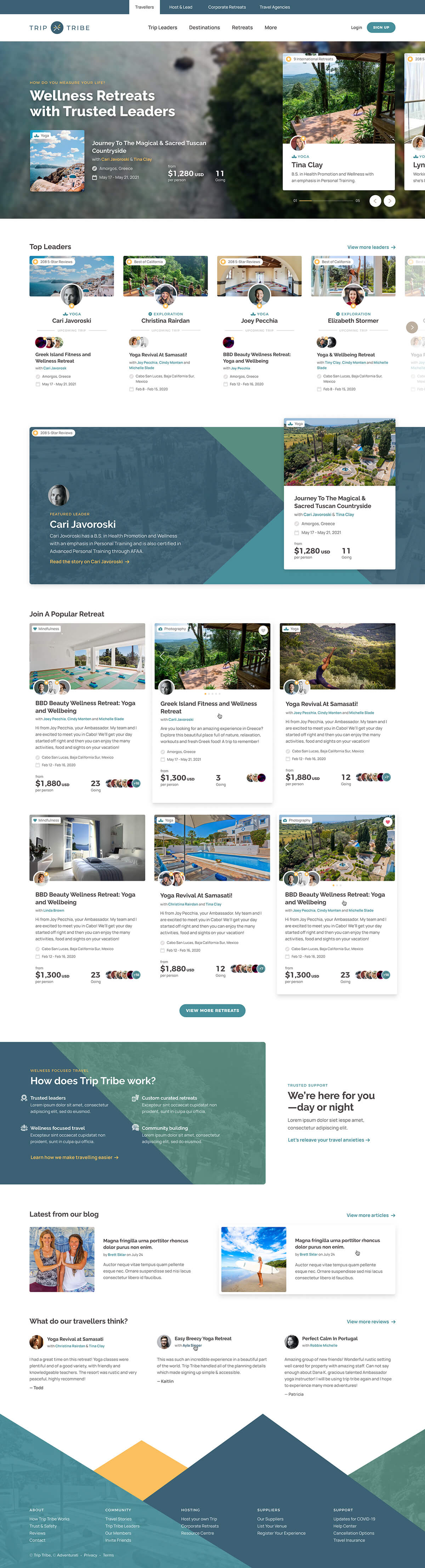 Responsive desktop screenshot of the Trip Tribe web application 